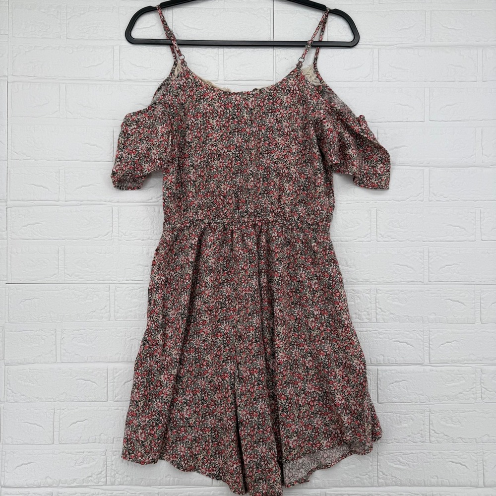 Xhilaration Romper Womens Medium Red Floral Cold Shoulder Lace Trim Boho